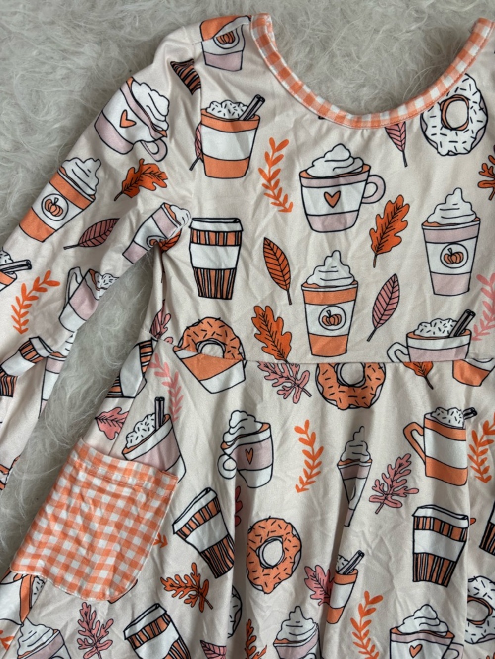 Marie Nicole Boutique Girls' Cream Dress with Autumn Orange Coffee & Donut AOP - Picture 2 of 4